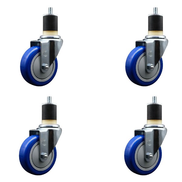 4'' Blue Poly Wheel Swivel 1-7/8'' Expanding Stem Caster Set, 4PK